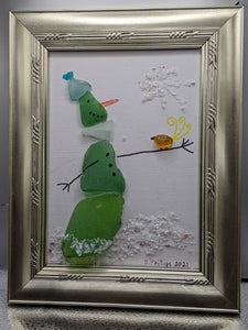 Green seaglass snowman and yellow bird