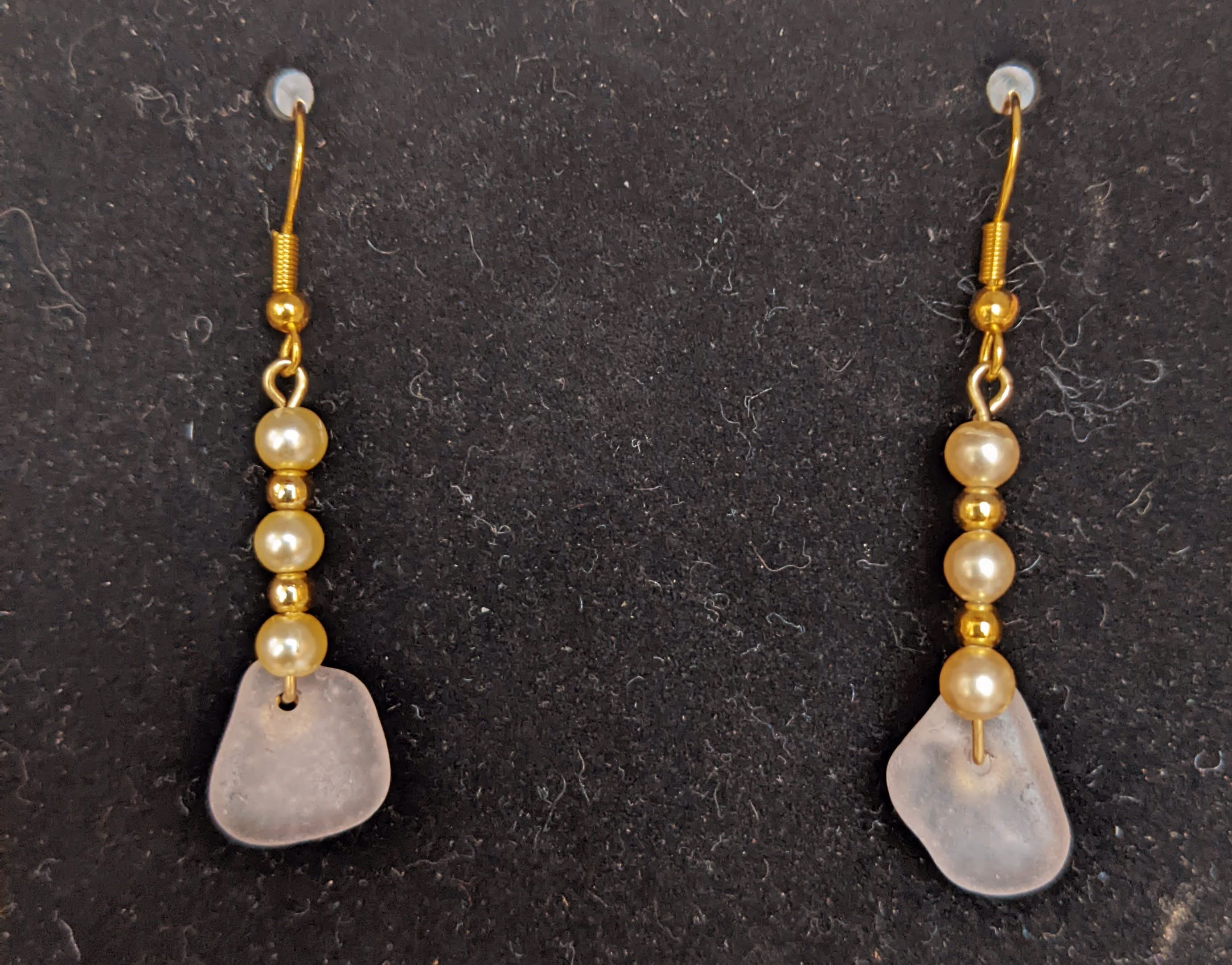 Pale lavender seaglass and pearl and gold beads earrings