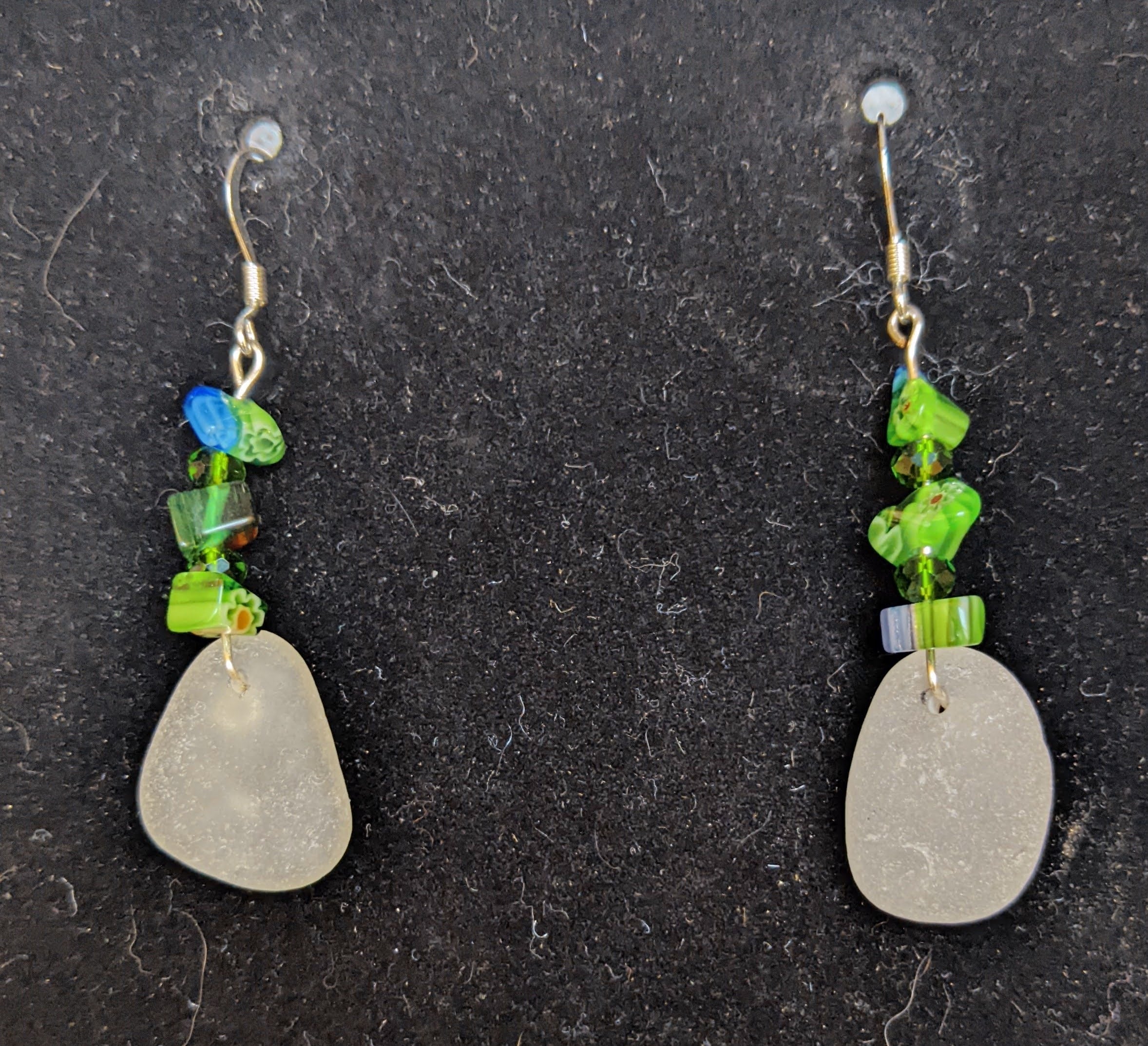 Seaglass and green glass bead earrings