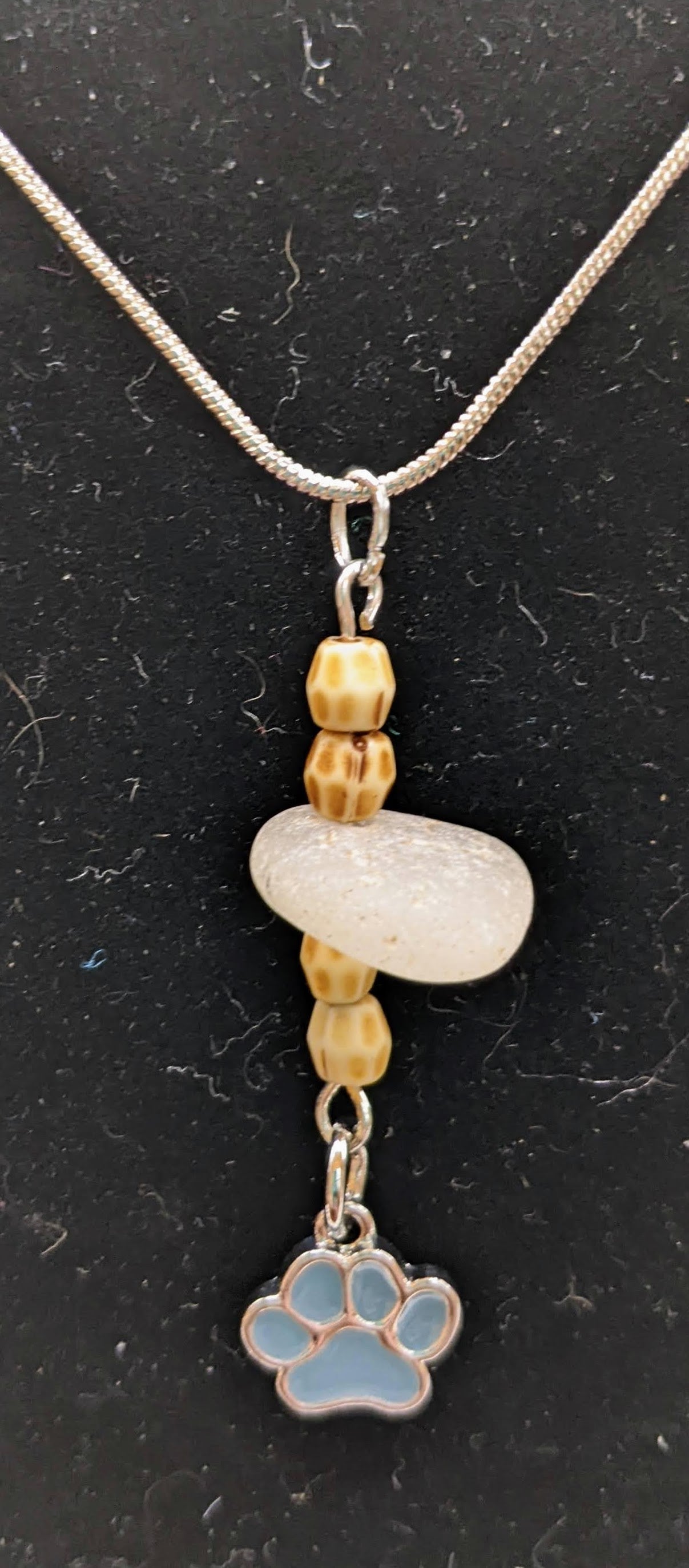 White seaglass and aqua pawprint necklace