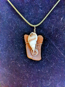 Brown seaglass and Drill Snail shell wire-wrapped necklace