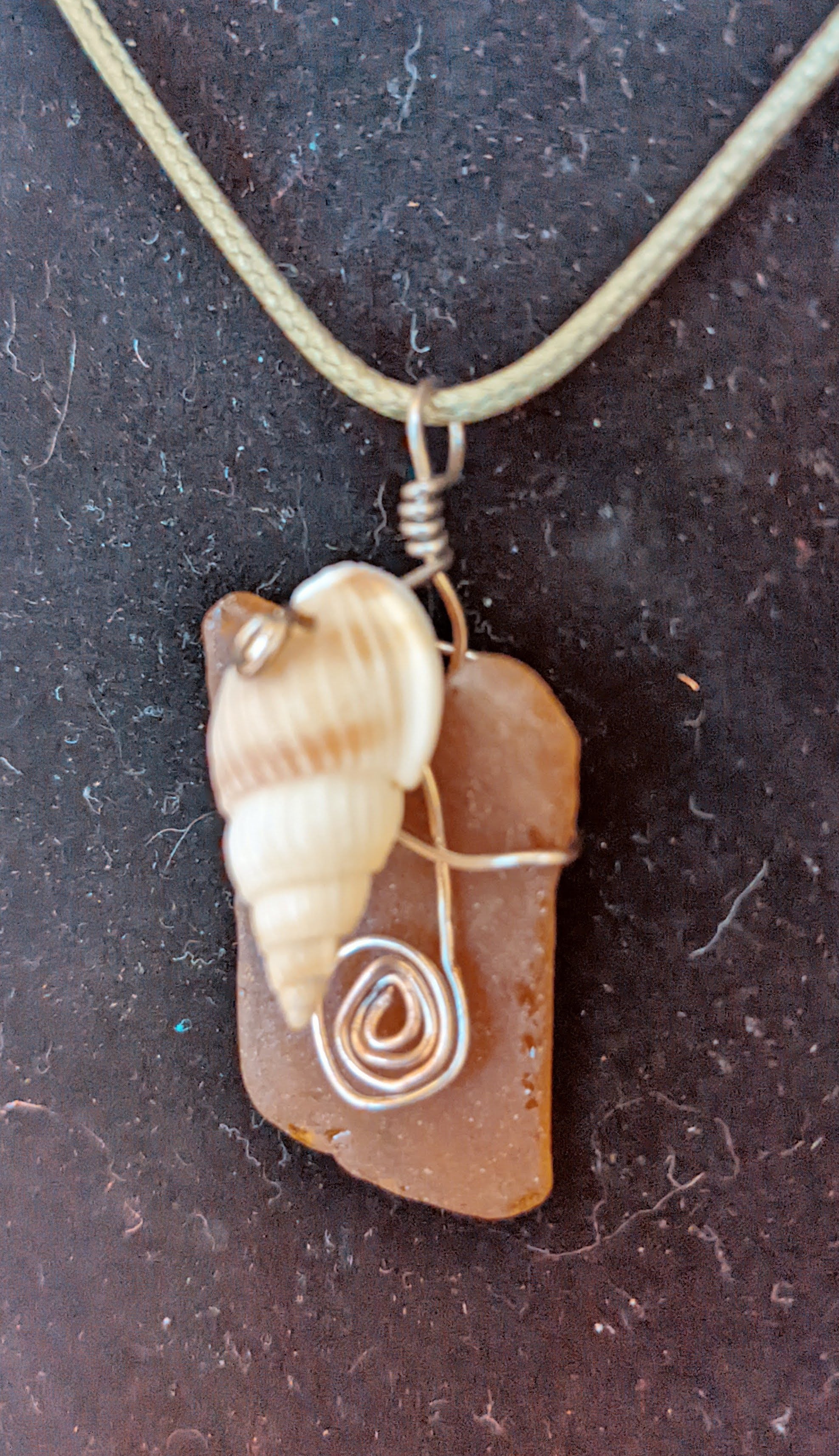 Brown seaglass and Drill Snail shell wire-wrapped necklace
