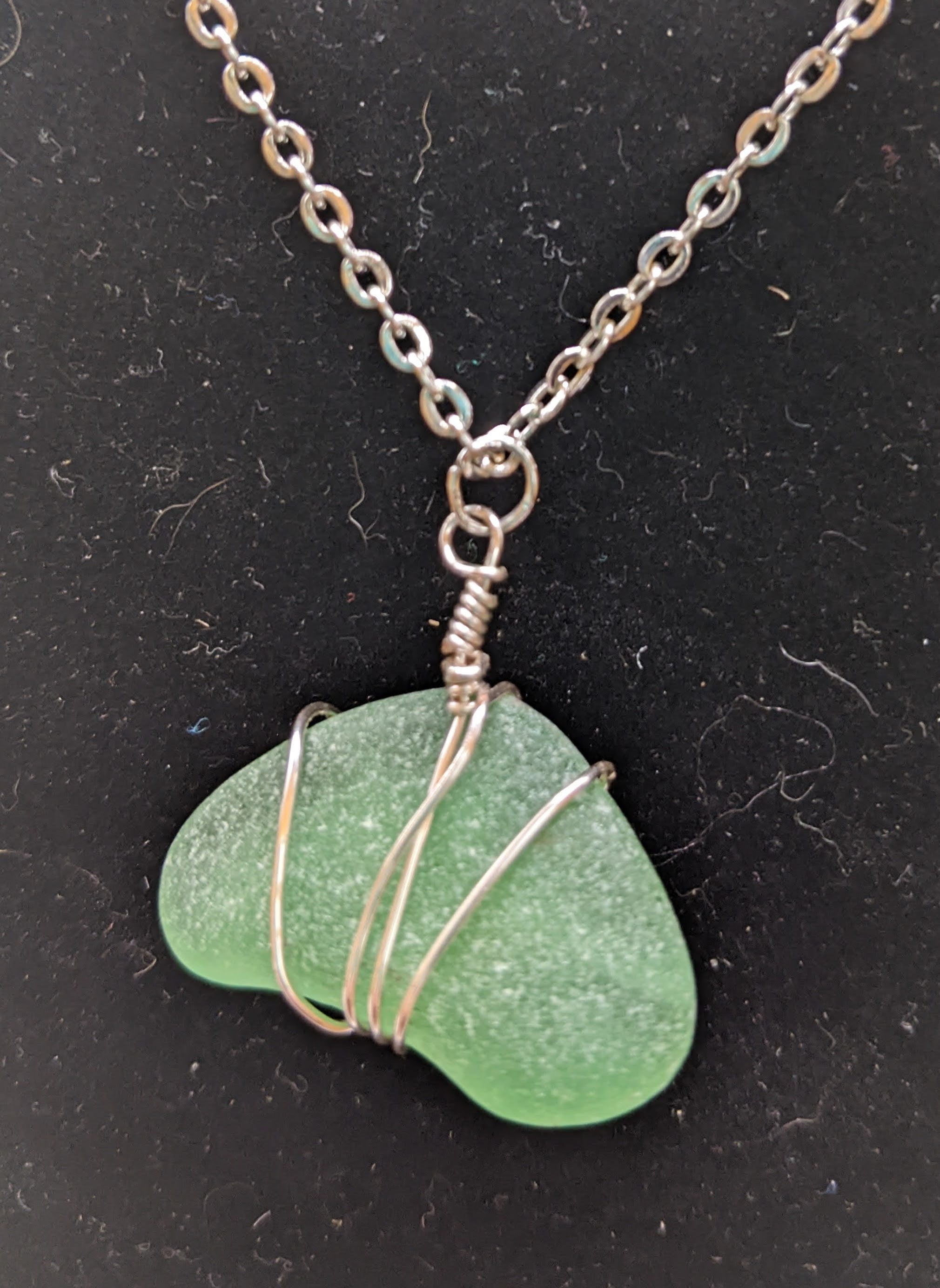 Green seaglass and yellow beads wire-wrapped necklace