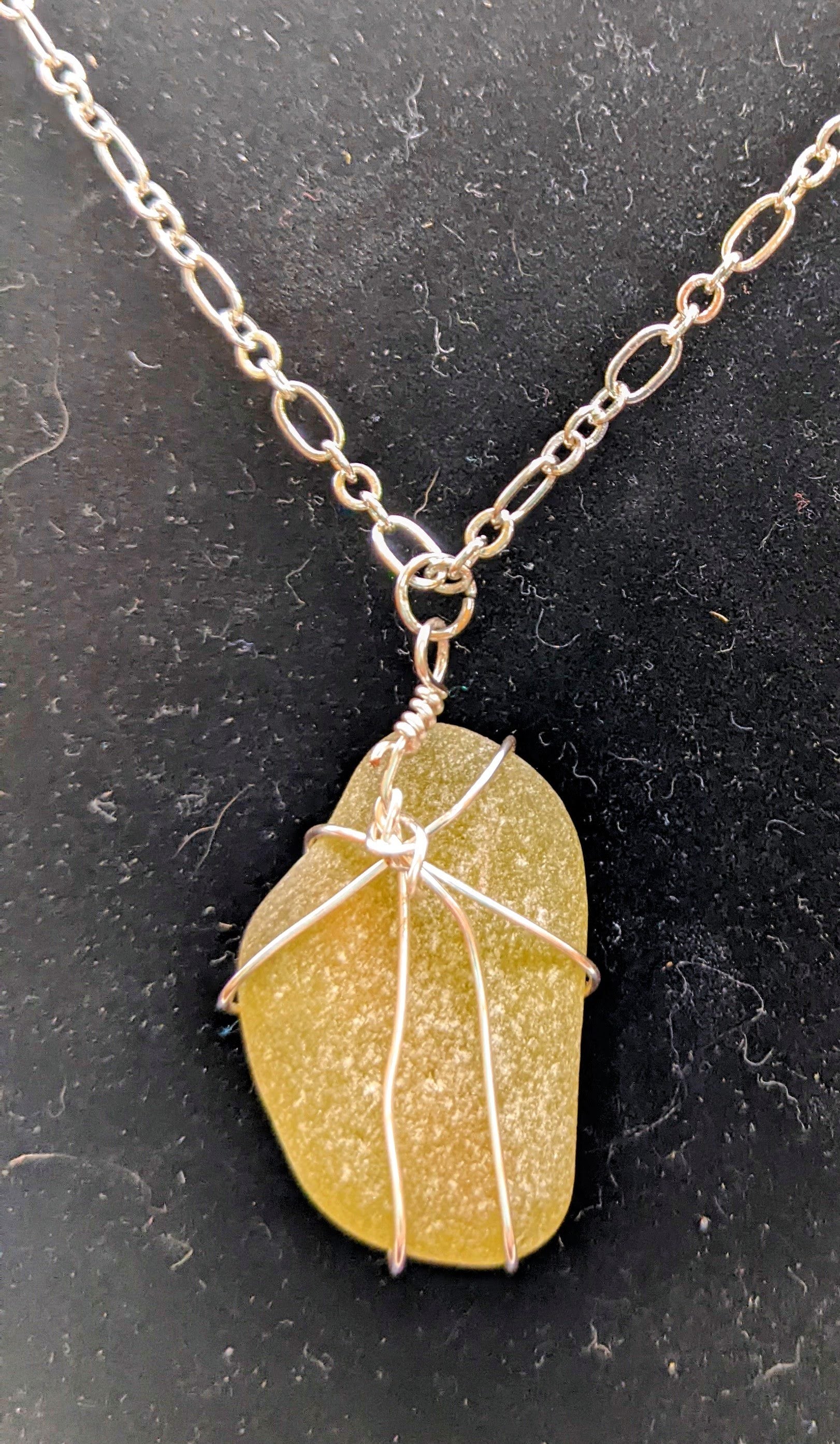 Olive green seaglass and coral beads wire-wrapped necklace
