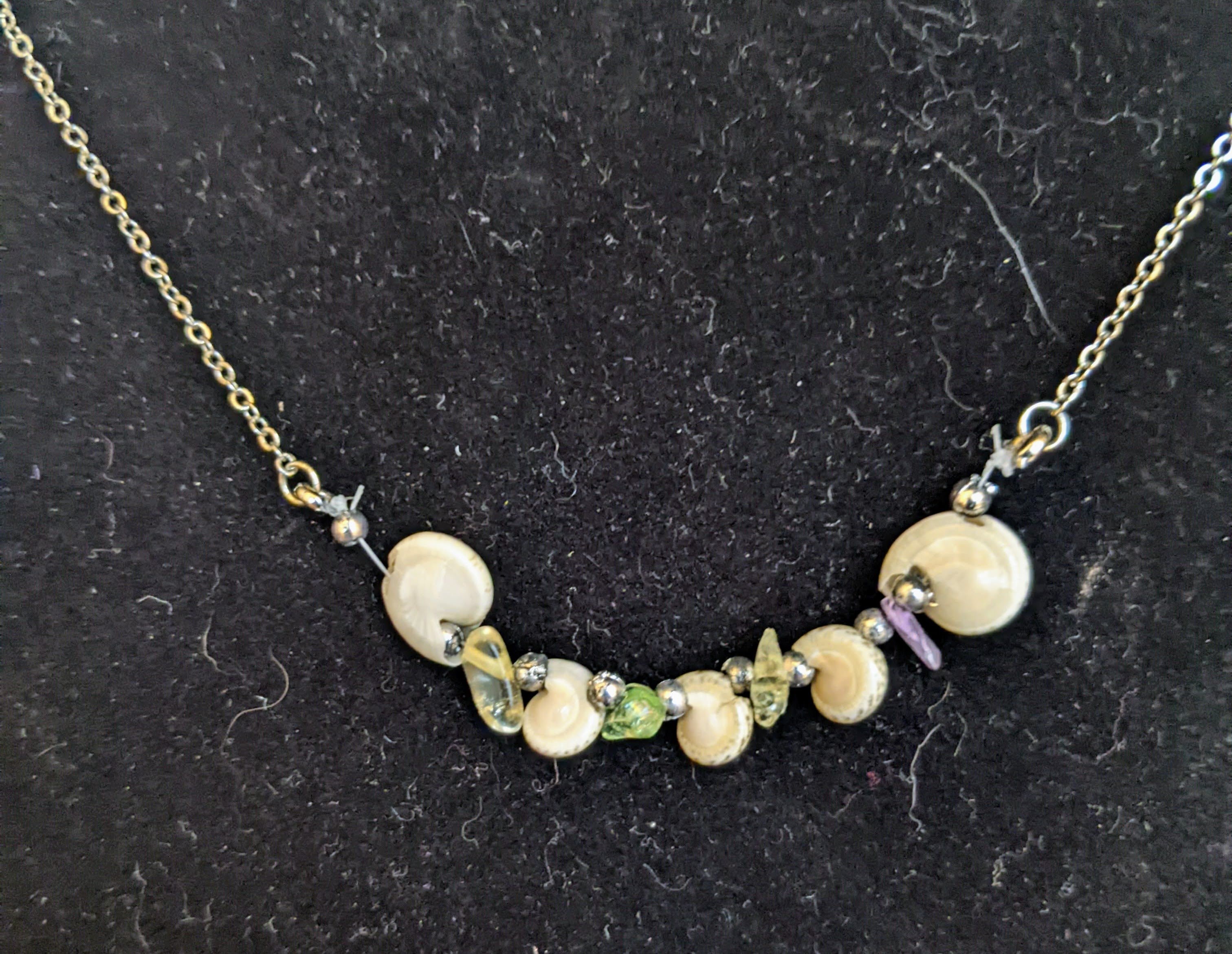 Spiral shells and glass chips necklace