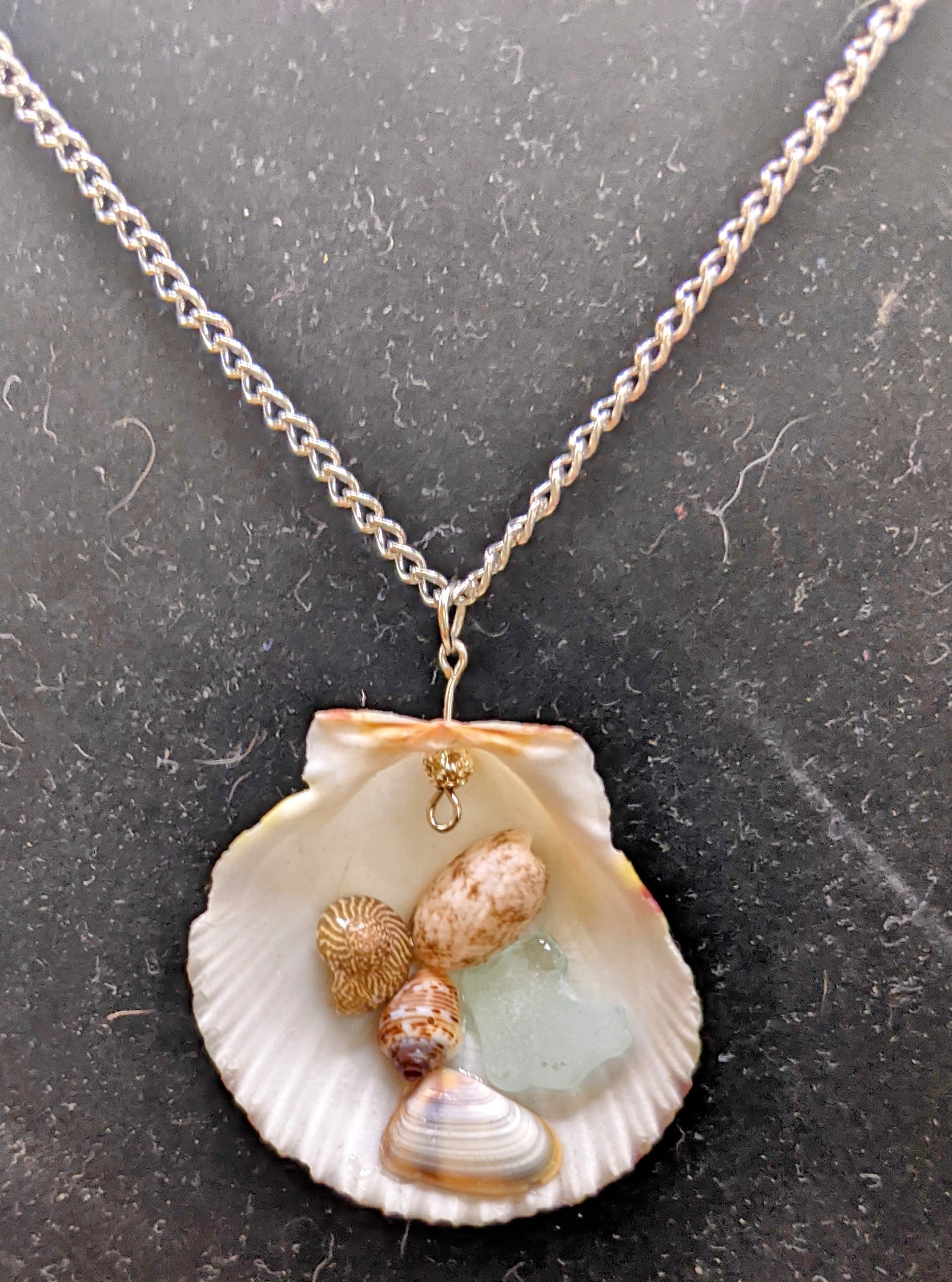 Calico scallop shell and seaglass necklace