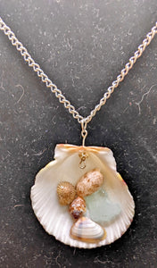 Calico scallop shell and seaglass necklace