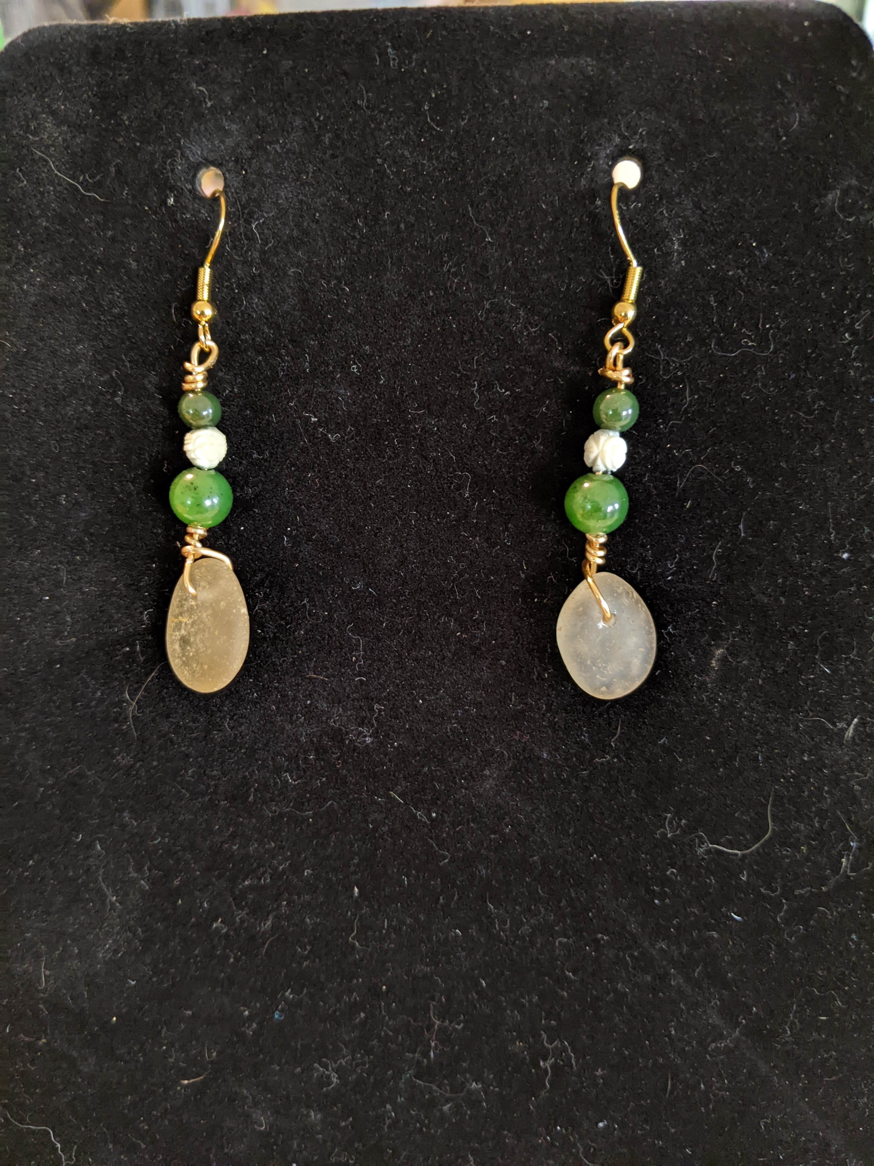 Pastel yellow seaglass and green beads earrings