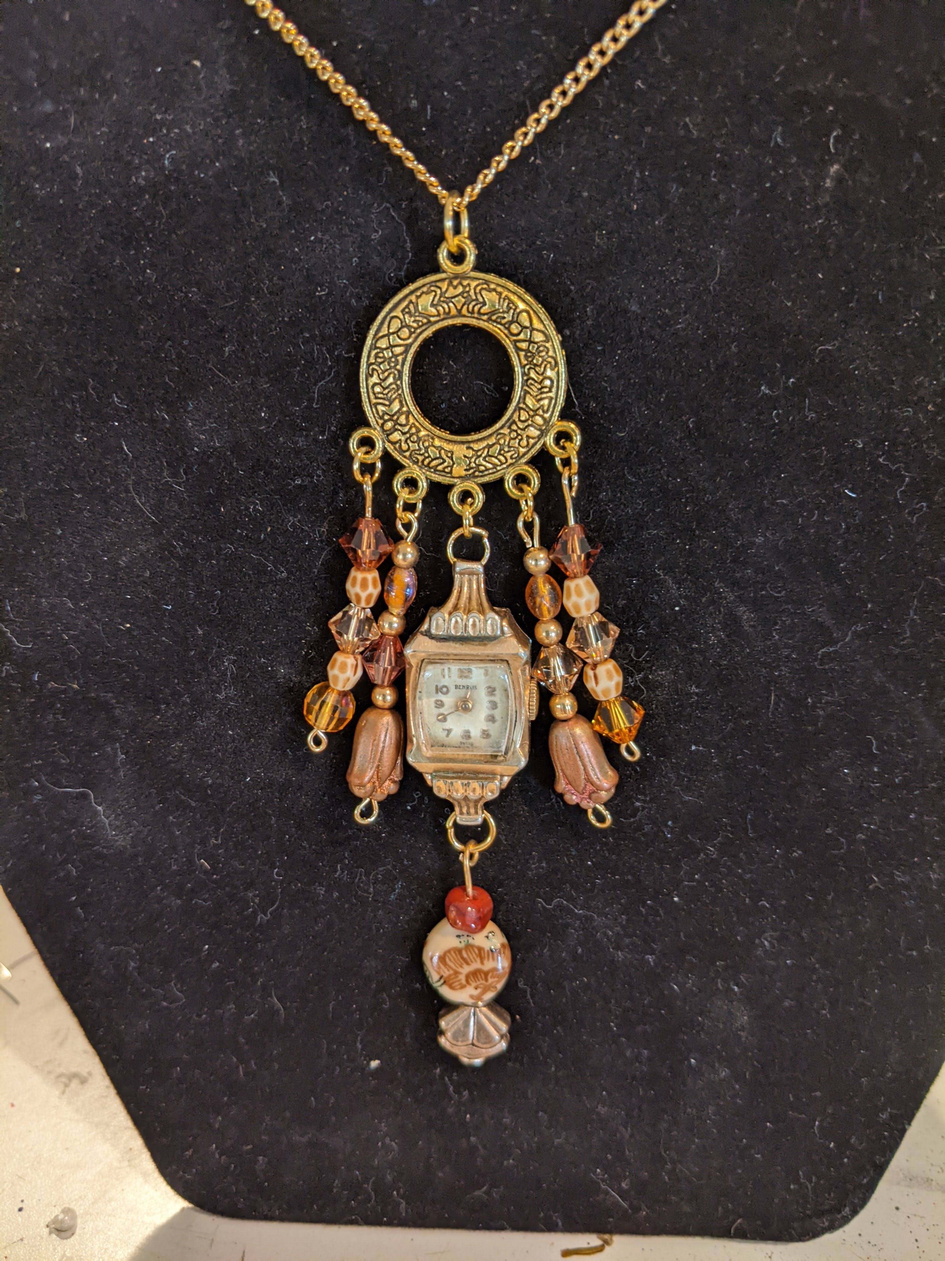 Amber and gold vintage watch necklace