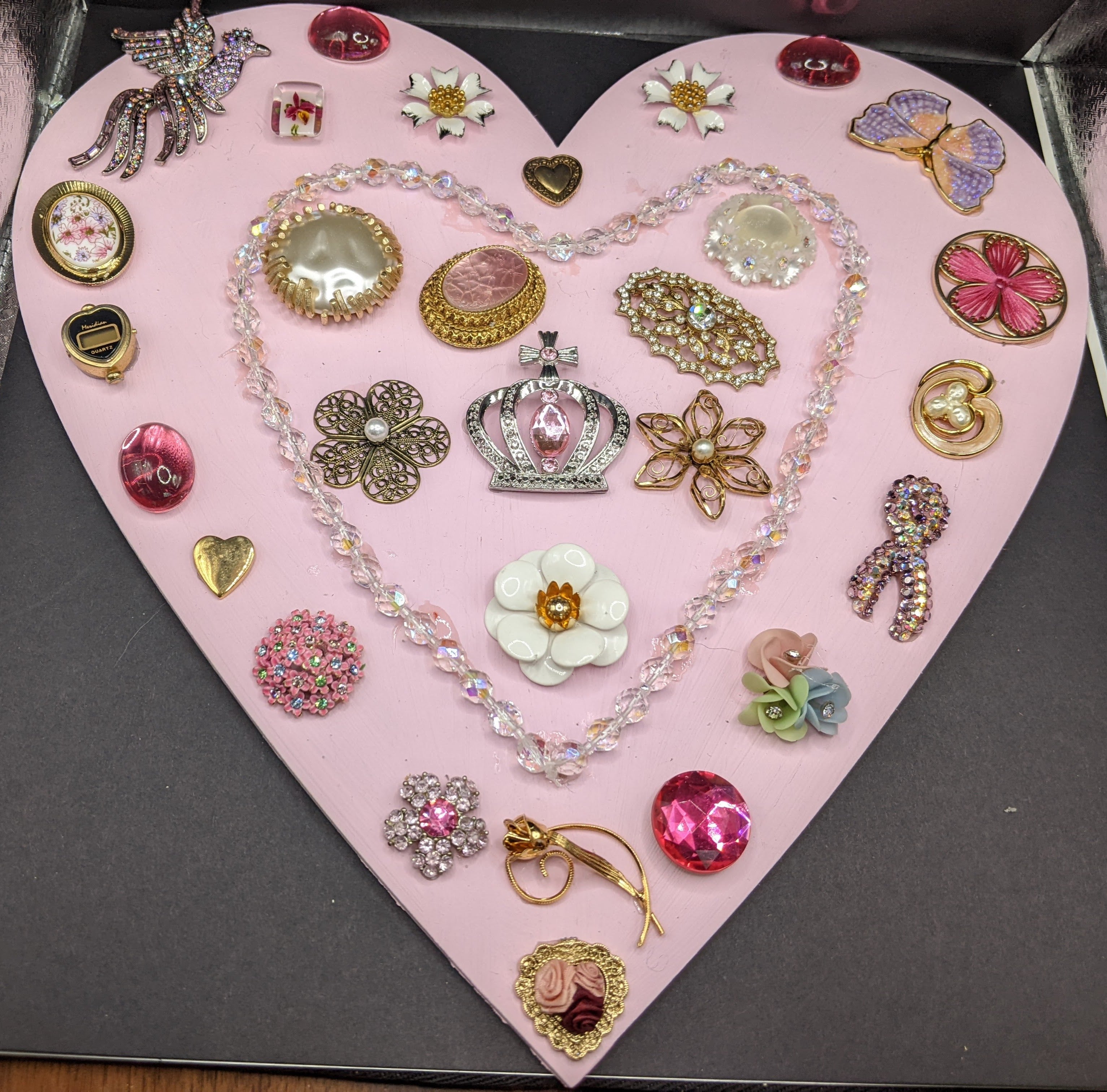 Large pink heart with vintage jewelry