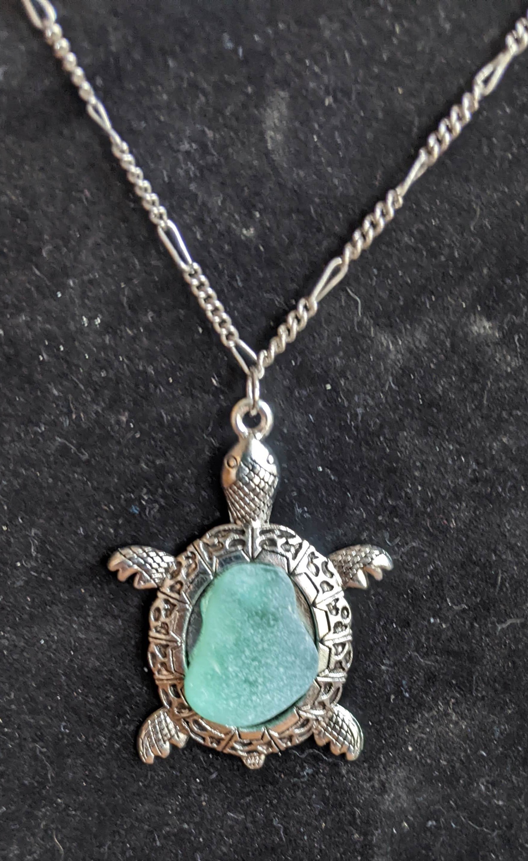 Silver sea turtle with aqua seaglass necklace