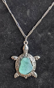 Silver sea turtle with aqua seaglass necklace
