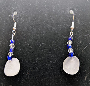 White seaglass and blue and clear glass beads earrings