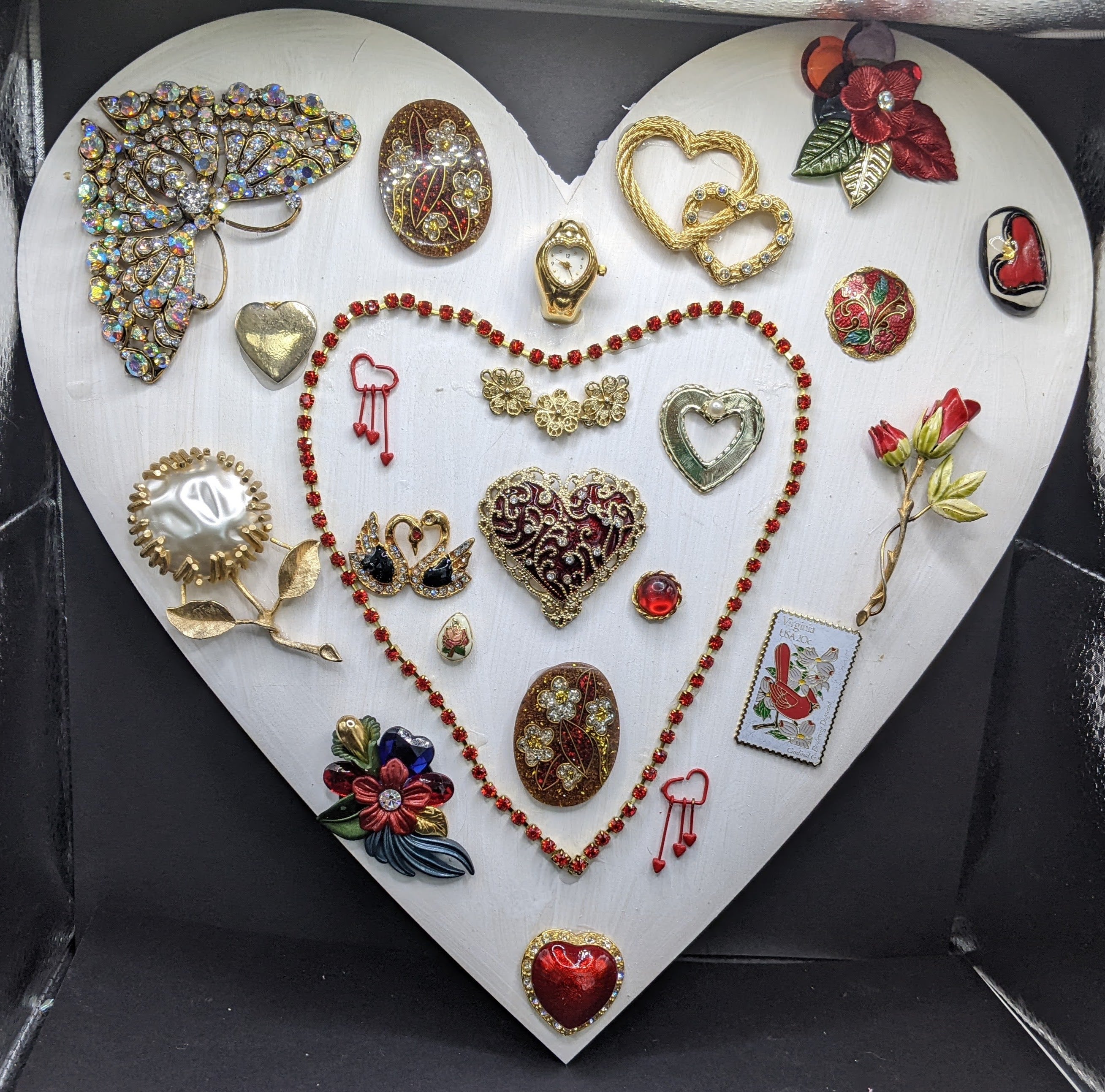 Large white heart with vintage jewelry